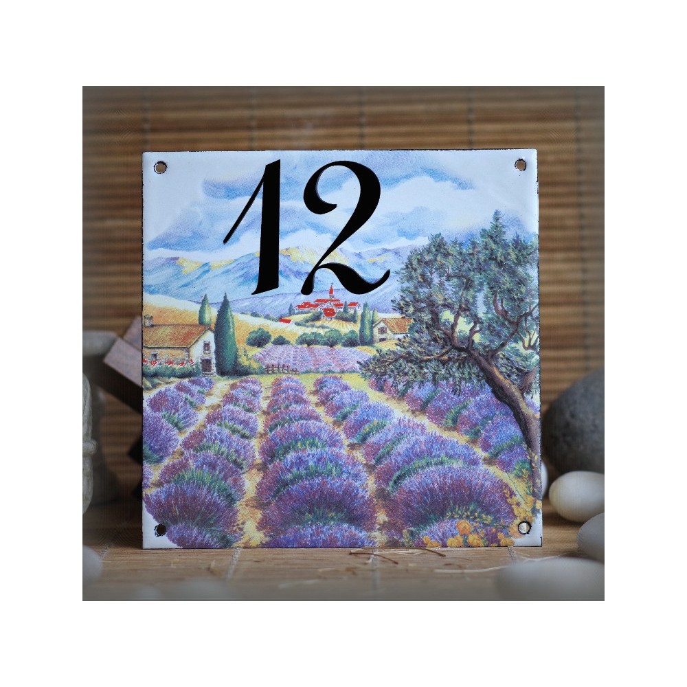 Numéro de rue émaillé : décor Lavande, 15x15cm