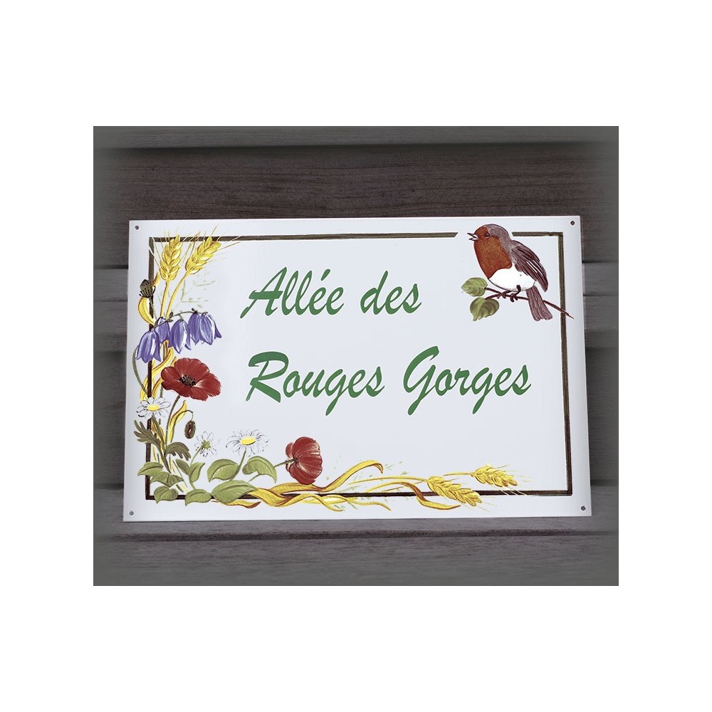 Big Enamel house plate  flowers and robin décor with your text customized
