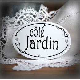 Plaque ovale de porte texte noir sur émail blanc : Côté Jardin