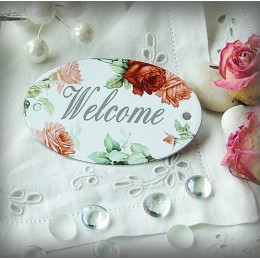 oval enamelled Plate Welcome décor Roses