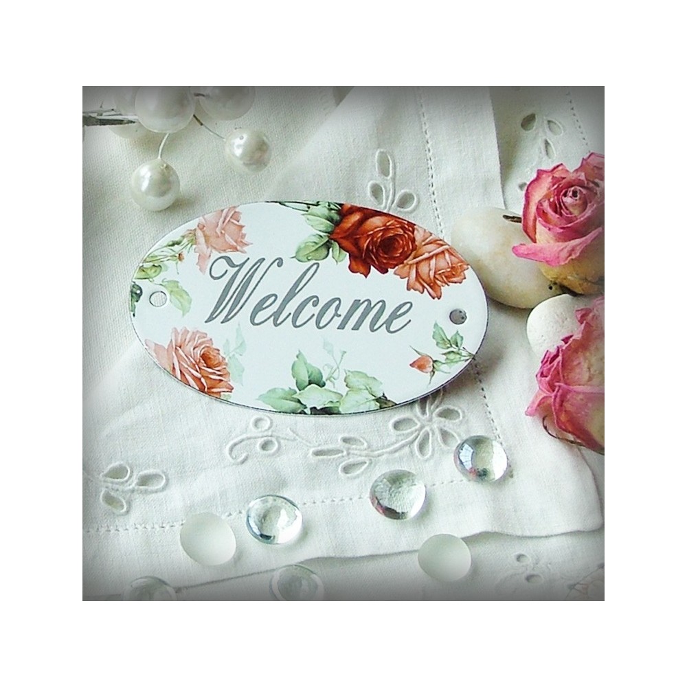 oval enamelled Plate Welcome décor Roses