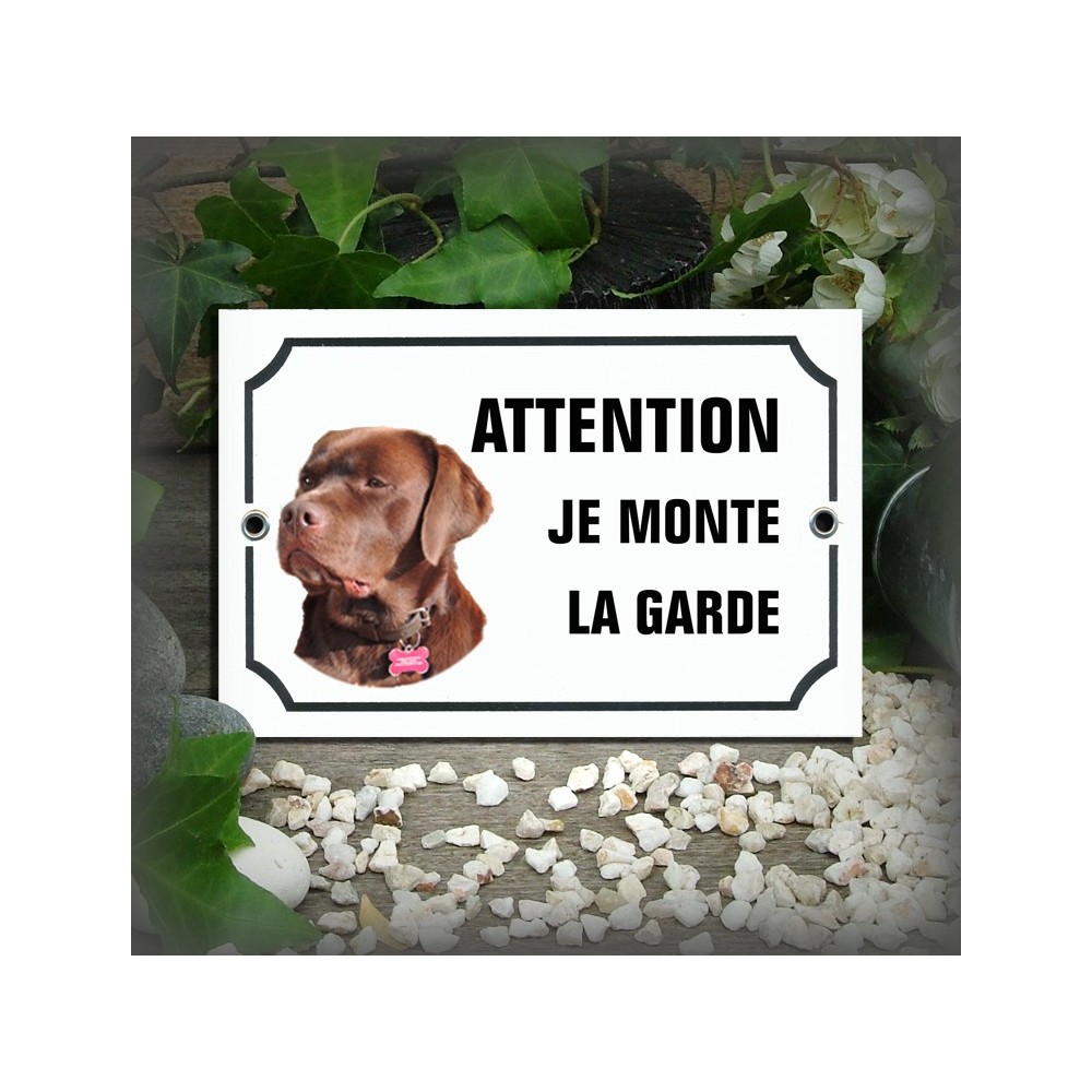 Plaque émaillée avec La photo de votre chien "Attention je monte la garde"