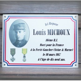 Plaque funéraire avec photo et croix de guerre et liseré bleu et rouge