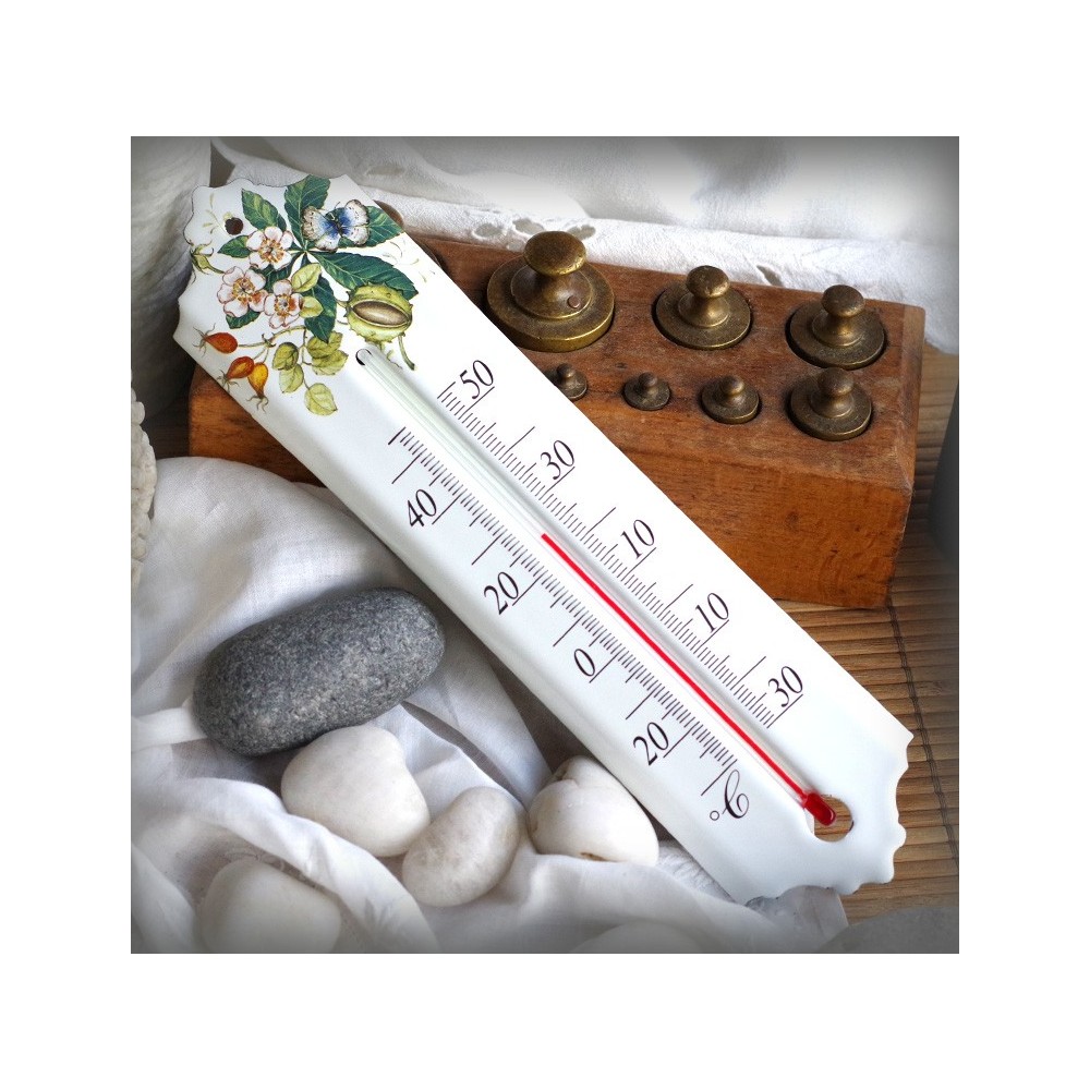 Thermomètre émail décor Noyer