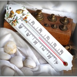 Thermomètre émail décor Rouge Gorge
