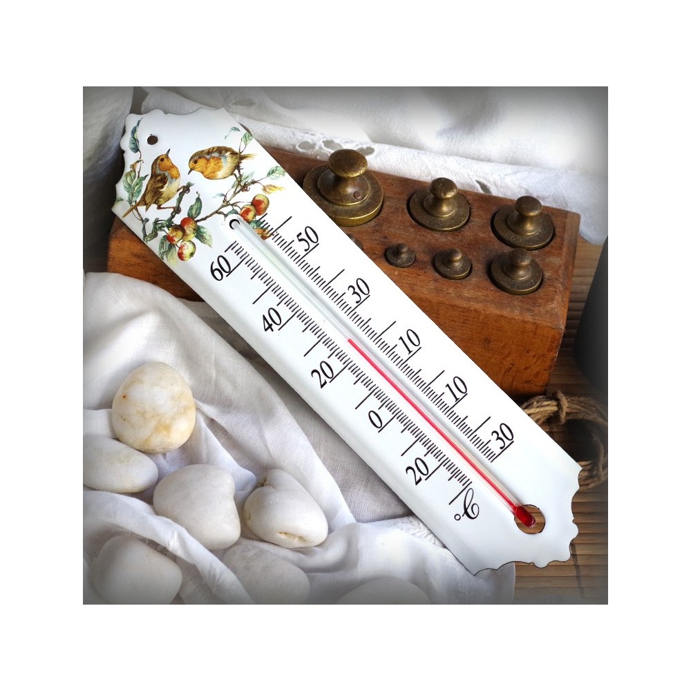 Thermomètre émail décor Rouge Gorge