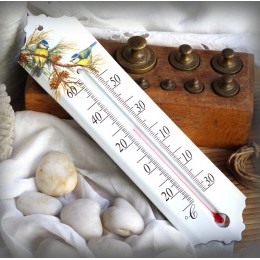 Thermomètre émail décor Mésanges bleues
