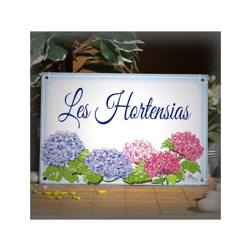 Grande Plaque de Maison émaillée décor Hortensias avec votre texte personnalisé