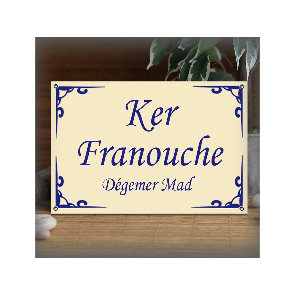 Plaque 30x20cm émail Ivoire personnalisée filet deco police Corsiva