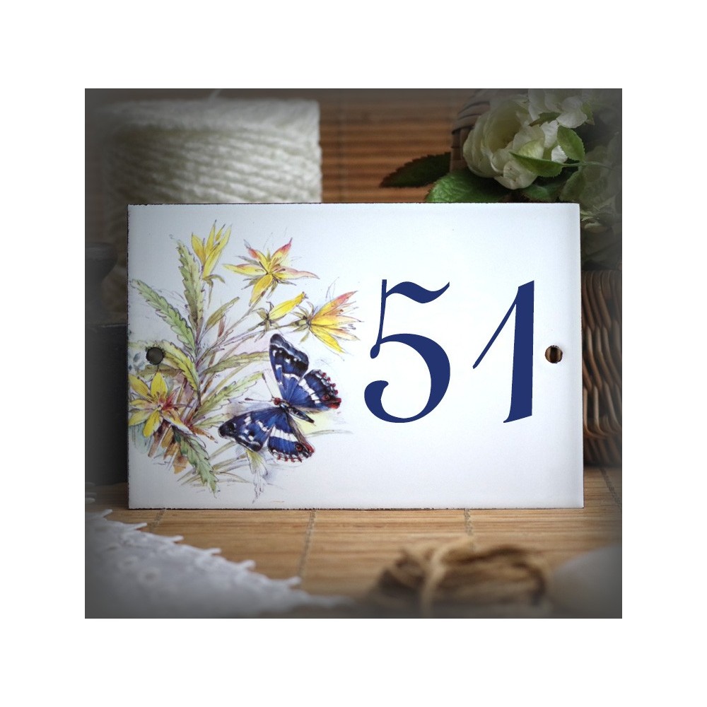 Numéro de rue émaillé décor papillon bleu 15x10cm