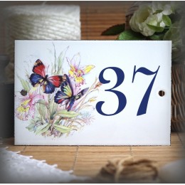Numéro émaillé décor 2 papillons bleus 15x10cm