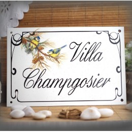 Plaque émaillée gres 30x20cm décor Mésange bleue texte english liseré anglais