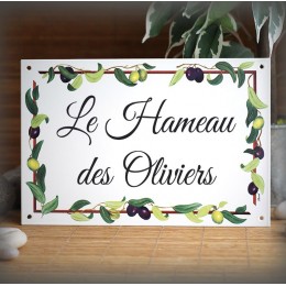 Plaque maison émail blanc décor olives police great vibes