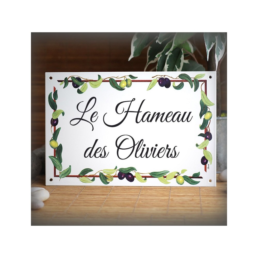 Plaque maison émail blanc décor olives police great vibes