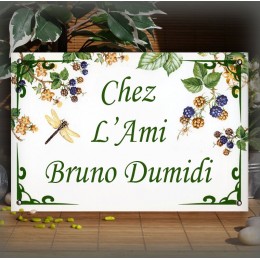 Plaque émaillée 30x20cm décor mûres et liséré deco vert police corsiva