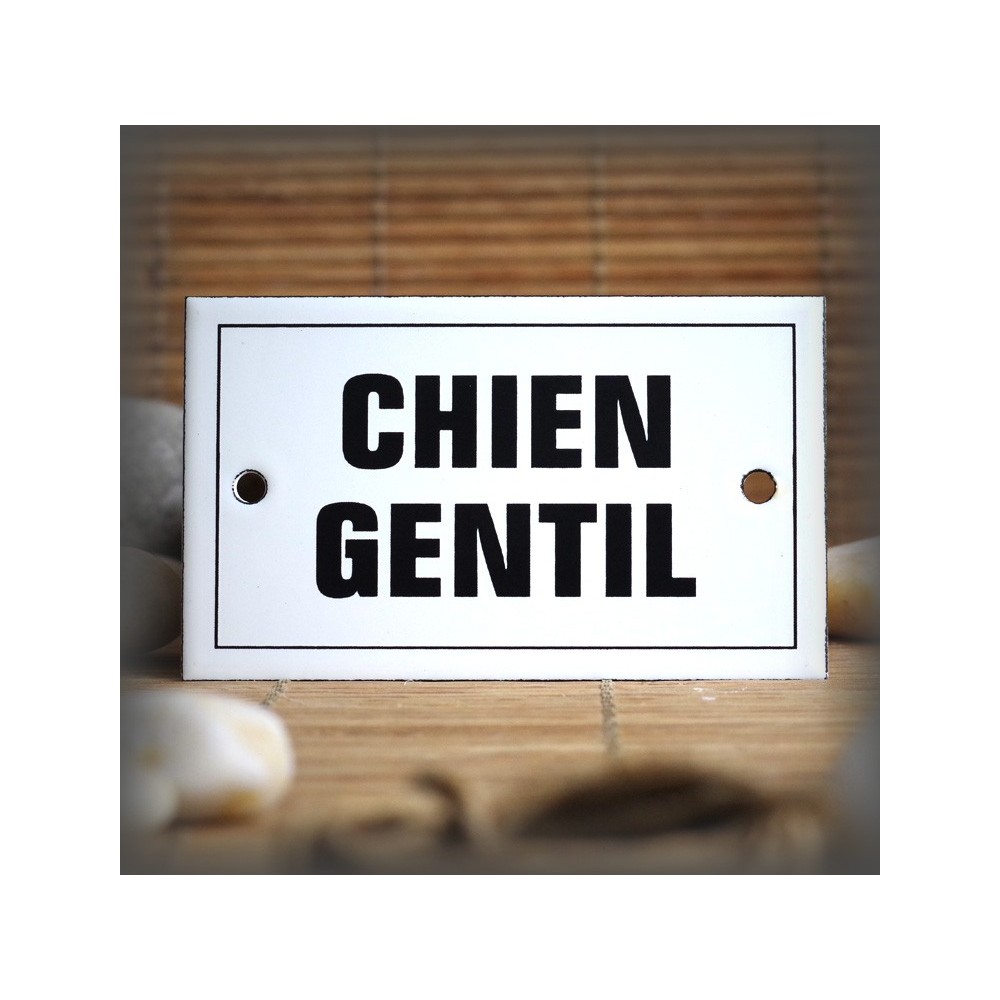 Plaque émaillée 10x6cm "Chien Gentil" avec filet
