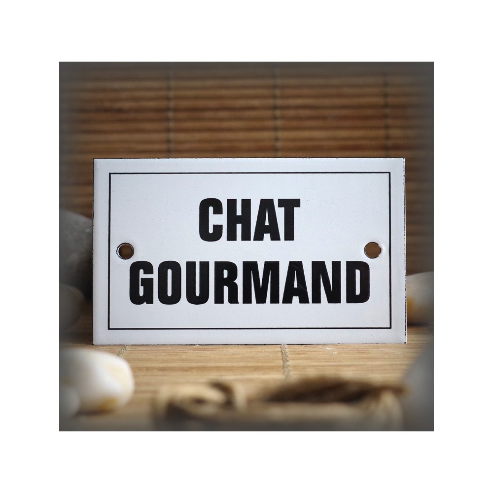 Plaque émaillée 10x6cm "Chat Gourmand" avec filet