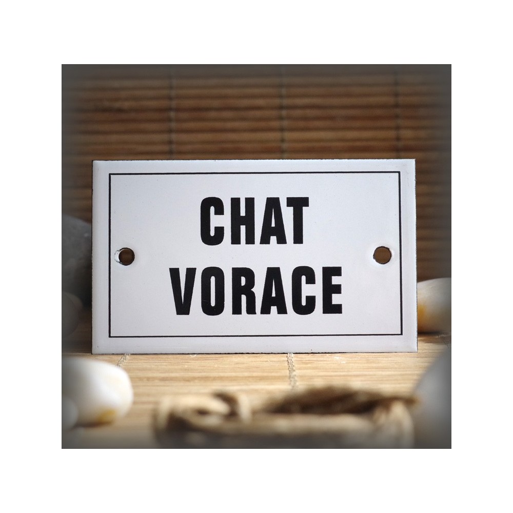 Plaque émaillée 10x6cm "Chat Vorace" avec filet