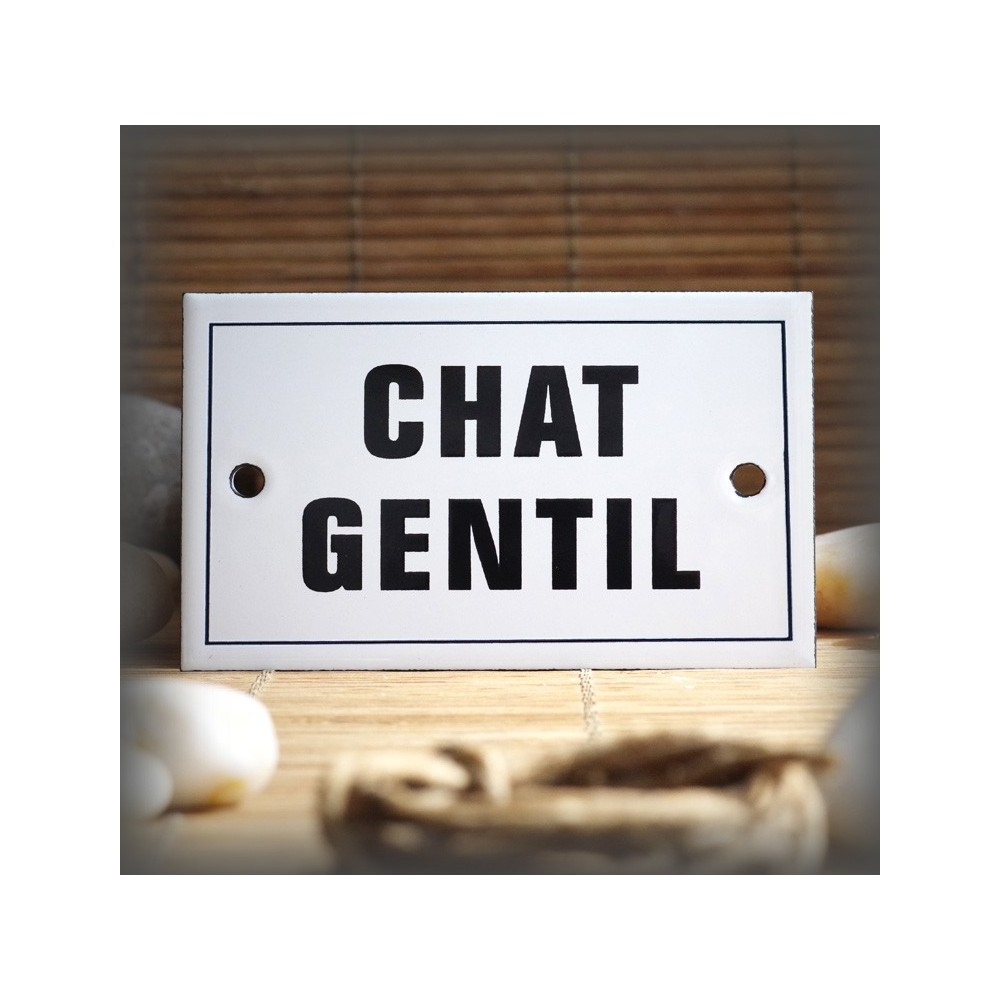Plaque émaillée 10x6cm "Chat Gentil" avec filet