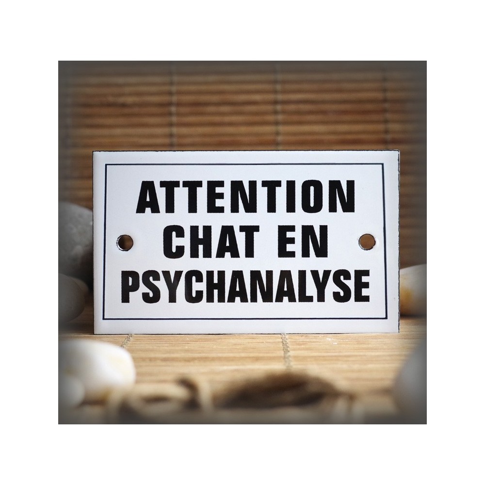 Plaque émaillée 10x6cm "Attention Chat en Psychanalyse" avec filet