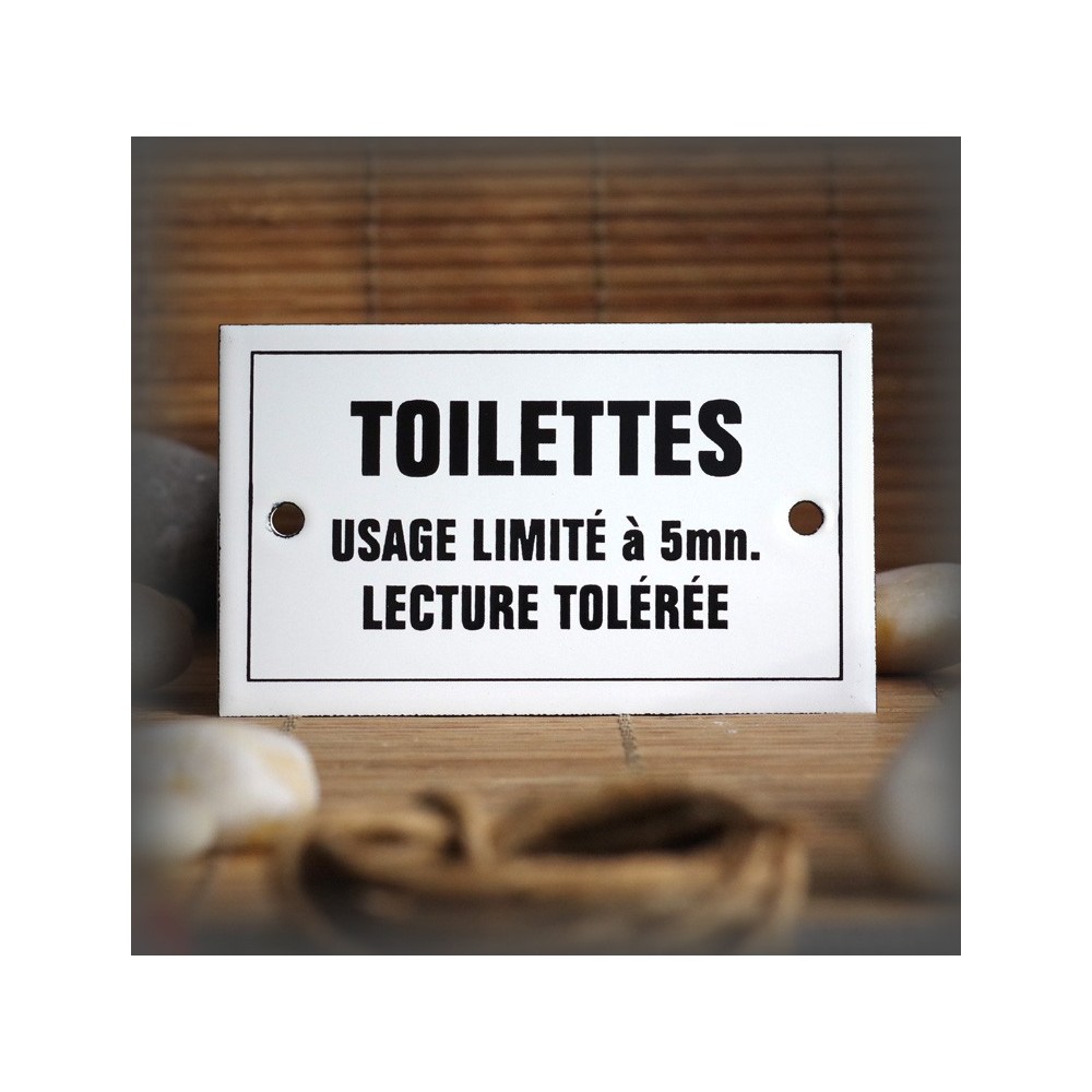 Plaque émaillée 10x6cm "Toilettes usage limité à 5mn " avec filet