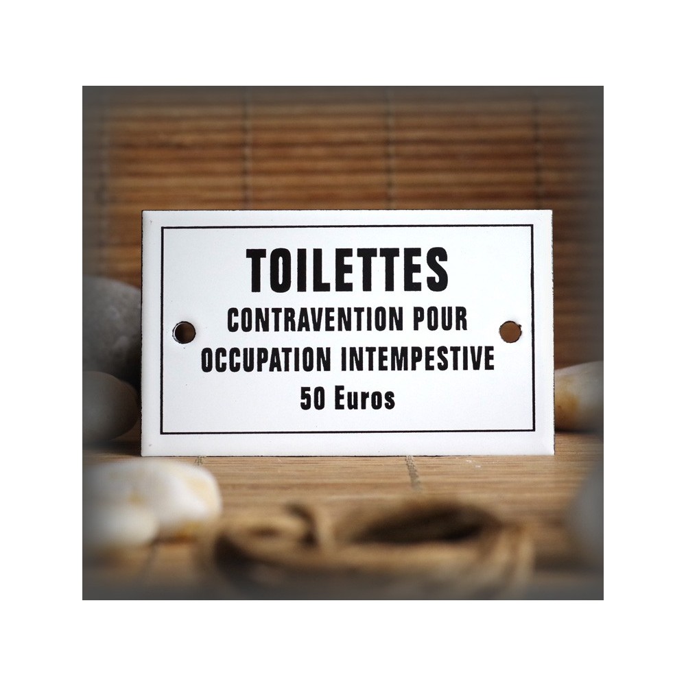 Plaque émaillée 10x6cm "Toilettes contraventions 50 euros" avec filet
