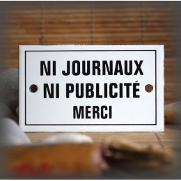 Plaque émaillée 10x6cm "Ni journaux ni pub merci" avec filet