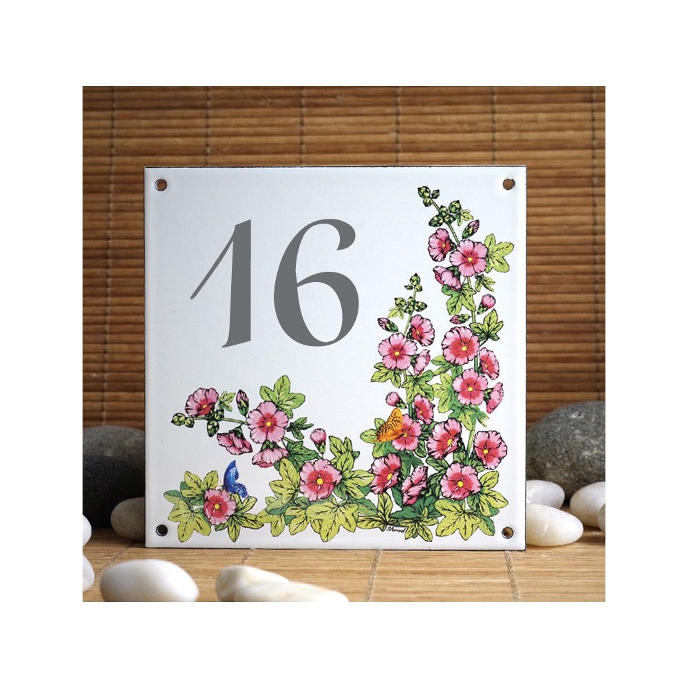 Numéro de maison au décor Roses trémières
