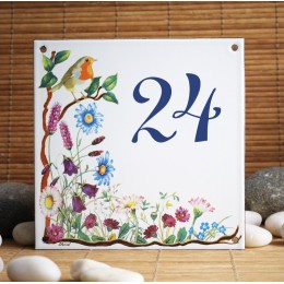 Street Number enamelled The robin and its flowers decoration