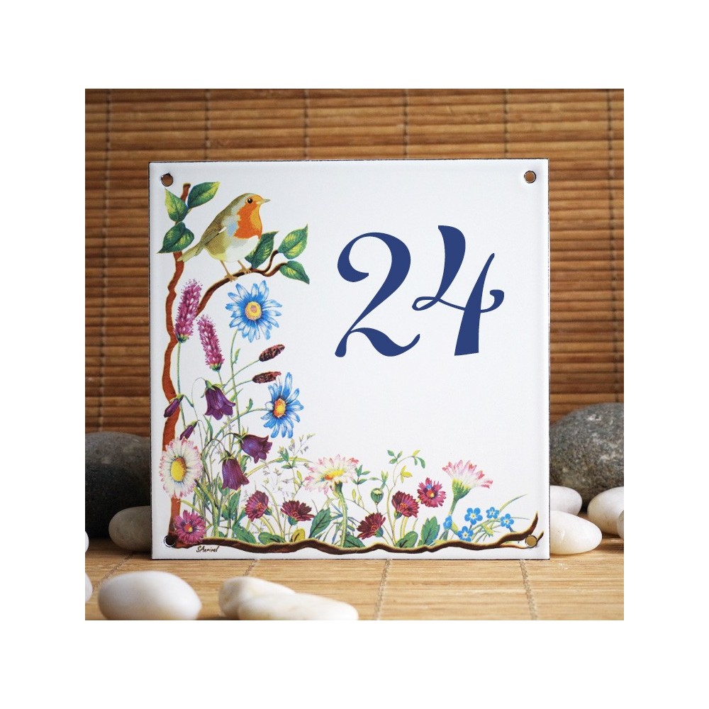 Numéro de rue émaillé décor Le rouge gorge et ses Fleurs