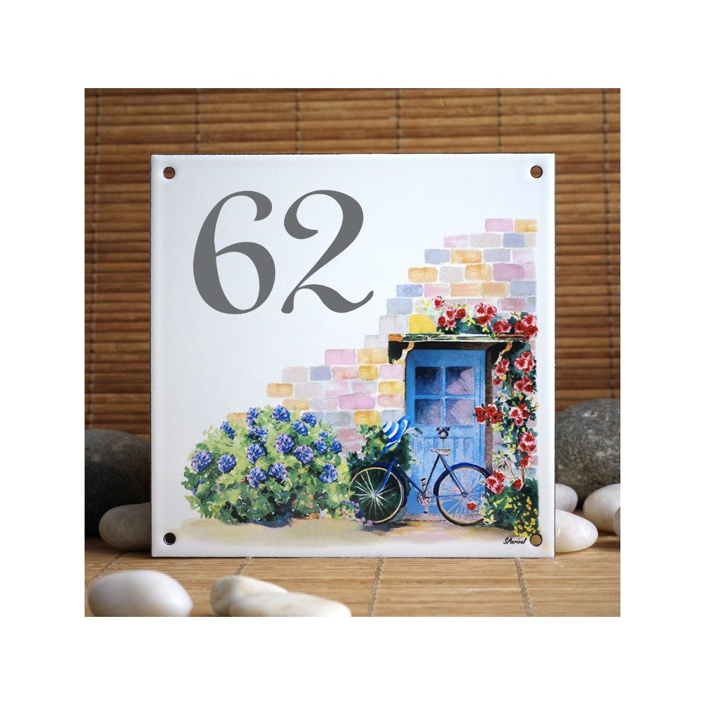 Numéro de rue émaillé décor Maison Hortensia