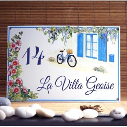 Plaque de Maison décor Volets bleus en émail avec votre texte personnalisé