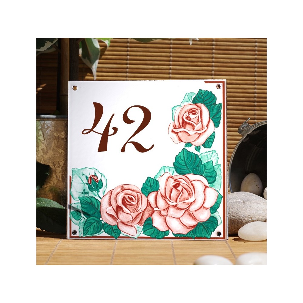 Numéro de rue émaillé décor Roses art nouveau