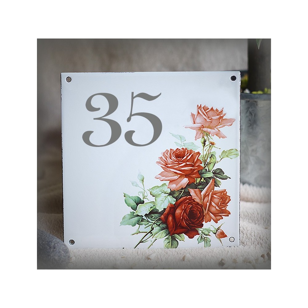 Numéro de rue émaillé décor Rose 15x15cm