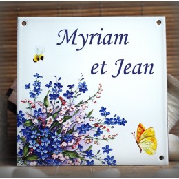 Home plate enamelled with your text Myosotis decoration 6x6in