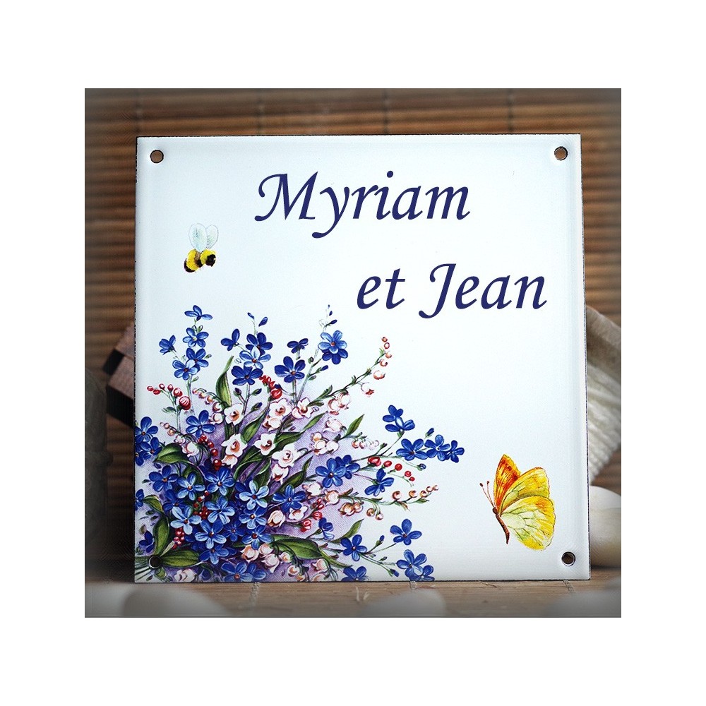 Home plate enamelled with your text Myosotis decoration 6x6in