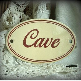 plaque ovale émaillée ivoire texte marron double filet : Cave