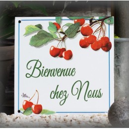 Home plate enamelled "Bienvenue" Cherries décoration