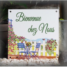 Plaque maison émaillée Bienvenue décor Jardin