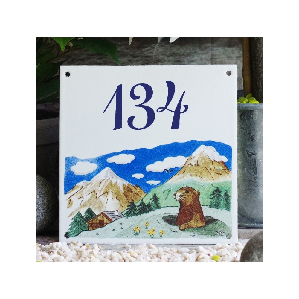 Numéro de rue émaillé décor Marmotte 15x15cm