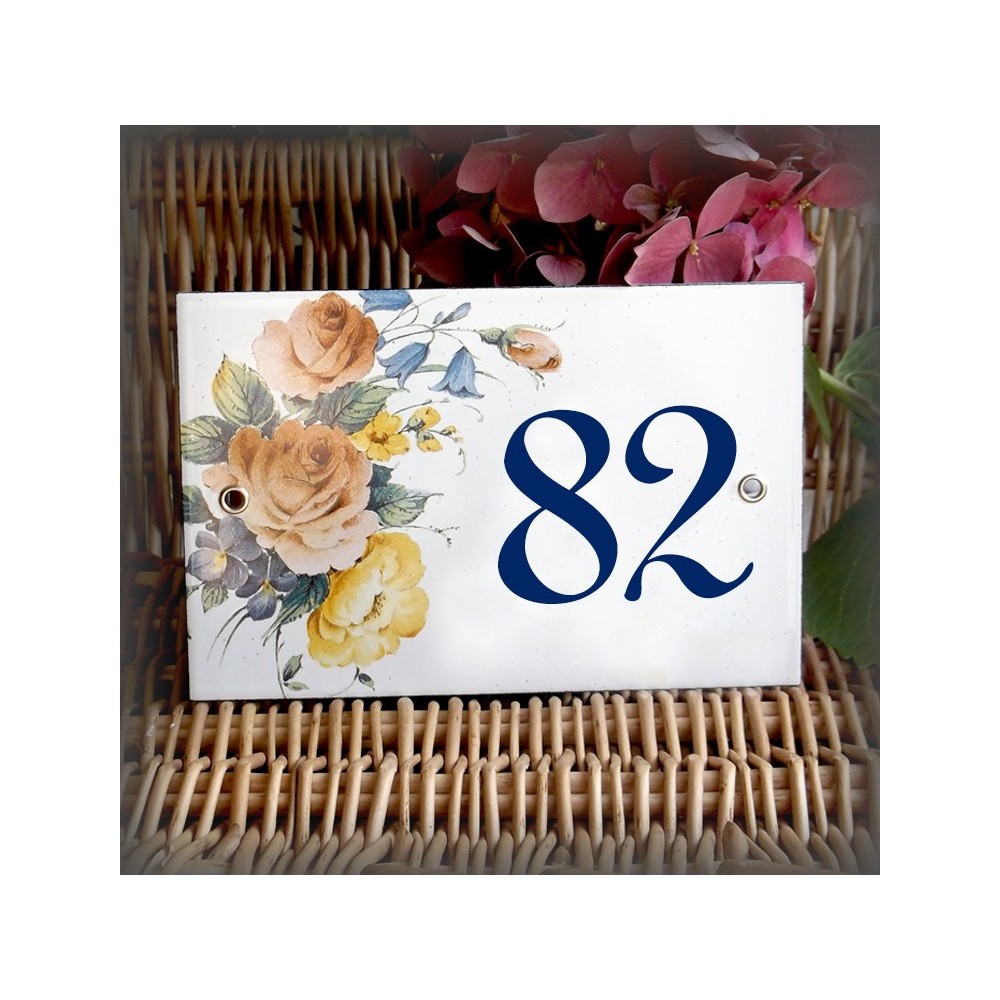 Fond émail gres Numéro bleu décor Bouquet du jardin 15x10cm