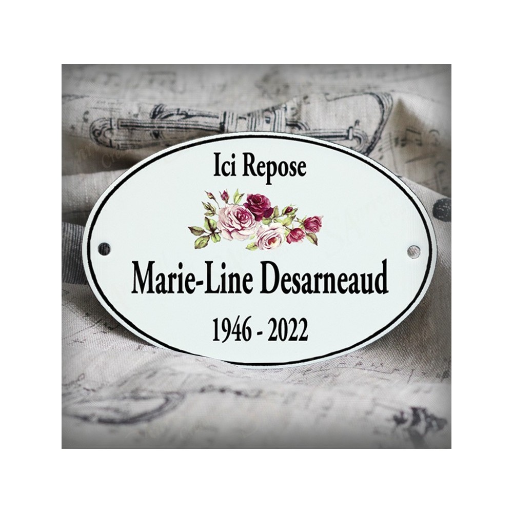 Personalized funeral white enamelled sign with roses
