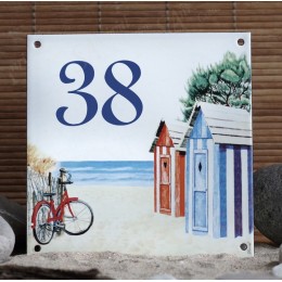 Street Number enamelled blue and red cabanas decoration 6x6in
