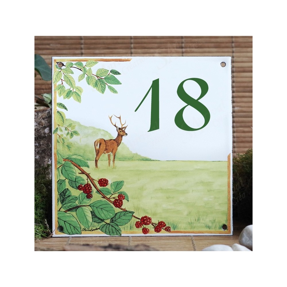 Numéro de rue émaillé décor Cerf 15x15cm