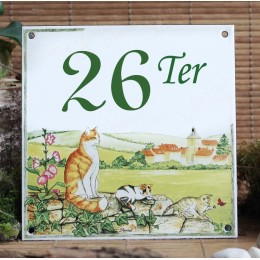 Street Number enamelled Family Cat decoration 6x6in