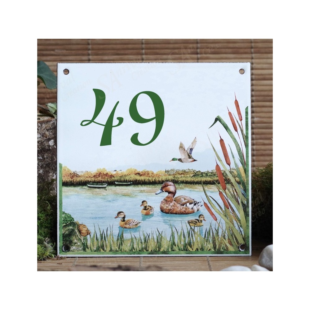 Numéro de rue émaillé décor Canards 15x15cm
