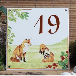 Numéro de rue émaillé décor Renards 15x15cm