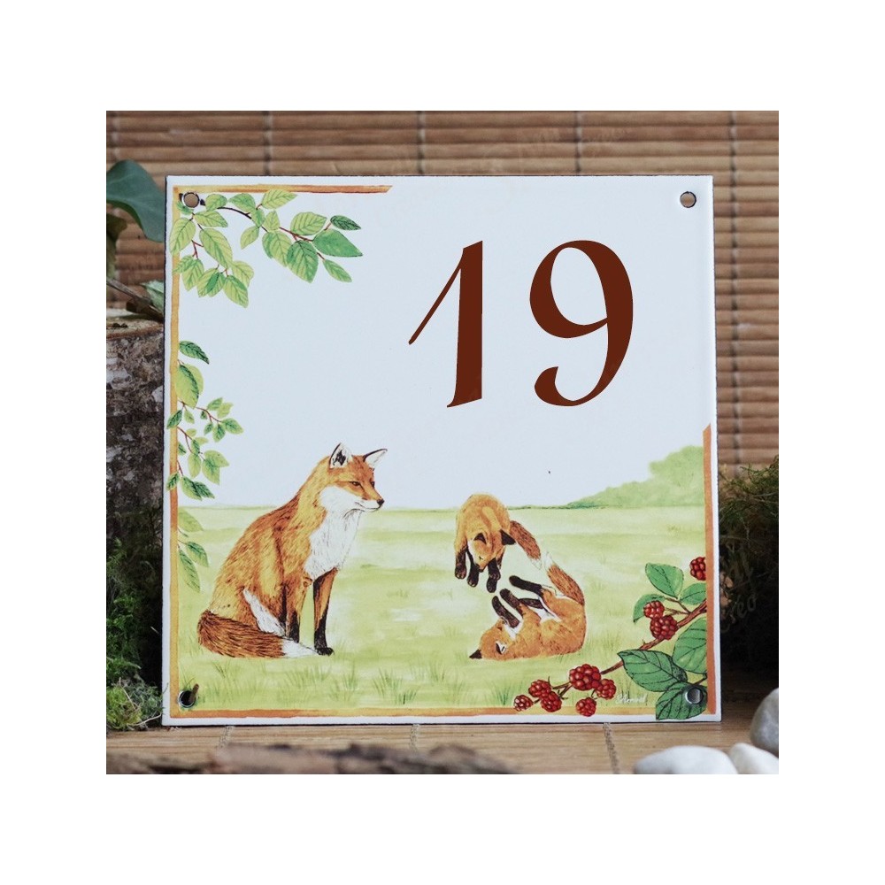 Numéro de rue émaillé décor Renards 15x15cm
