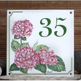 Numéro de rue émaillé décor Hortensia rose 15x15cm