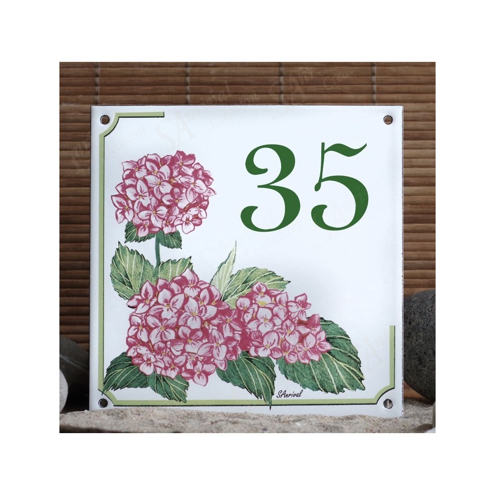 Numéro de rue émaillé décor Hortensia rose 15x15cm
